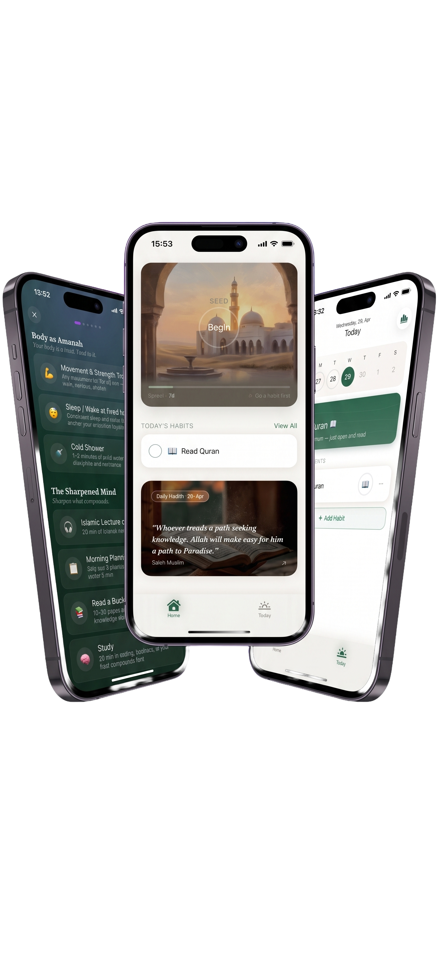 DeenFlow App — Home, Habits, and Today screens